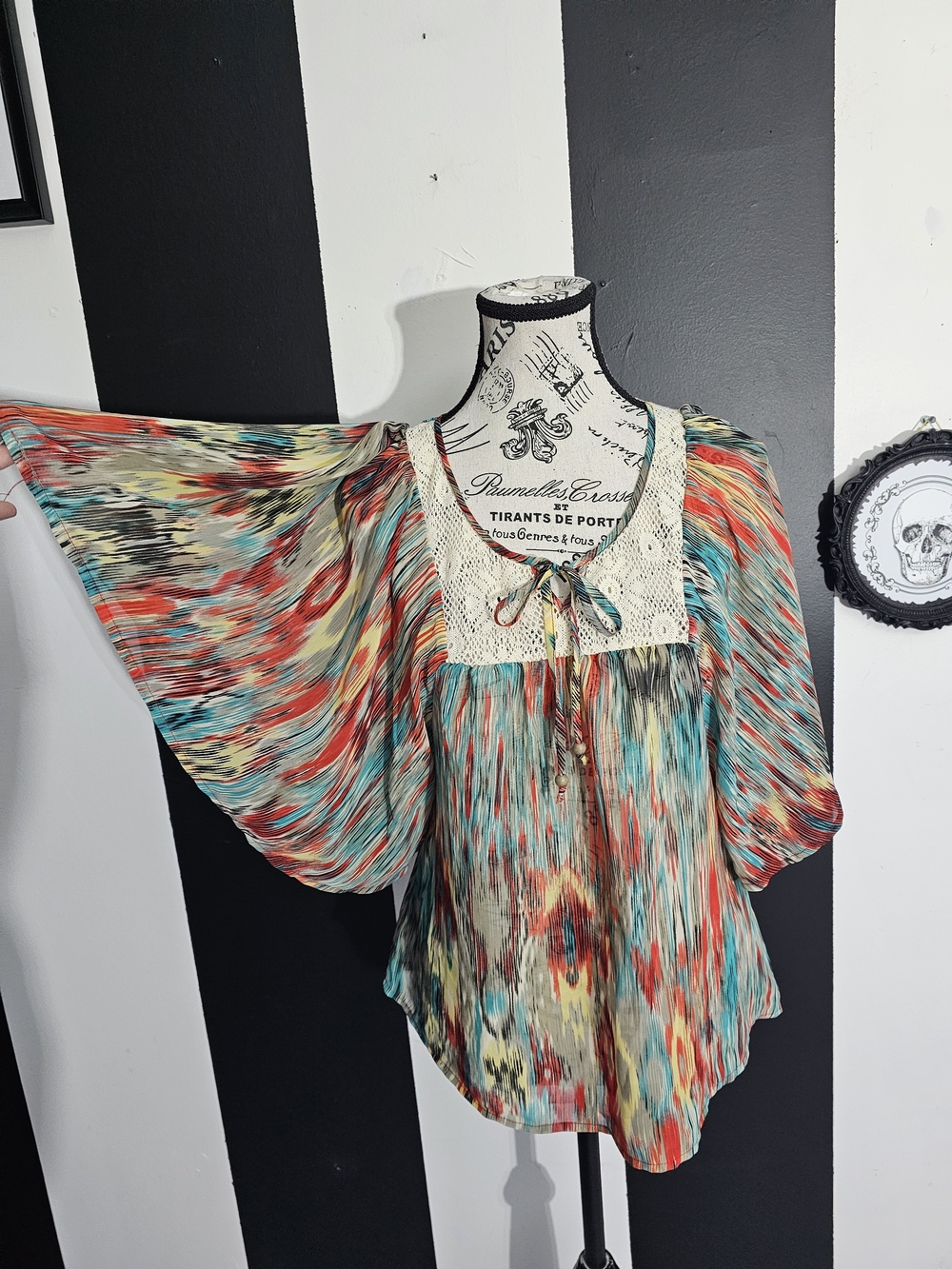 Boho Multicolor Flutter-Sleeve Tunic with Crochet Yoke